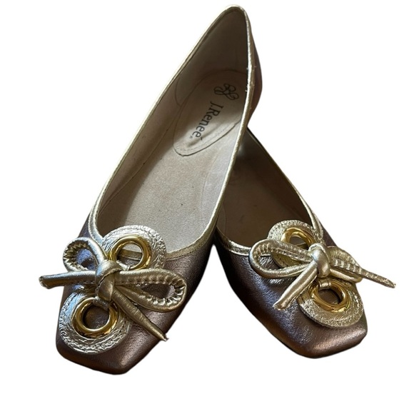 J.Renee Edie Metallic Leather Square Toe Bow Dress Flats. Color Taupe/Gold. 7M - Picture 4 of 11